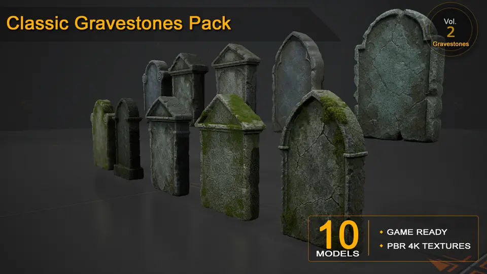 Classic Gravestones — 10 Game-Ready Gravestone Models
