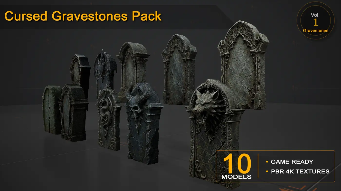 Cursed Gravestones Pack — 10 Game-Ready Cursed Gravestone Models