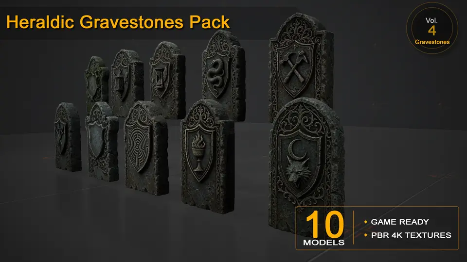 Heraldic Gravestones Pack — 10 Game-Ready Heraldic Gravestones Models