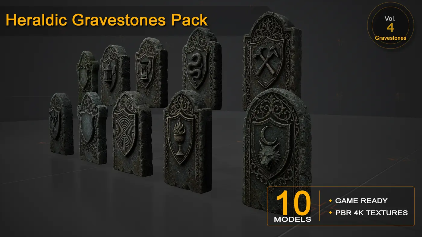 Heraldic Gravestones Pack — 10 Game-Ready Heraldic Gravestones Models