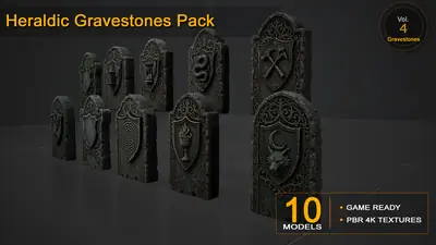 Heraldic Gravestones Pack — 10 Game-Ready Heraldic Gravestones Models