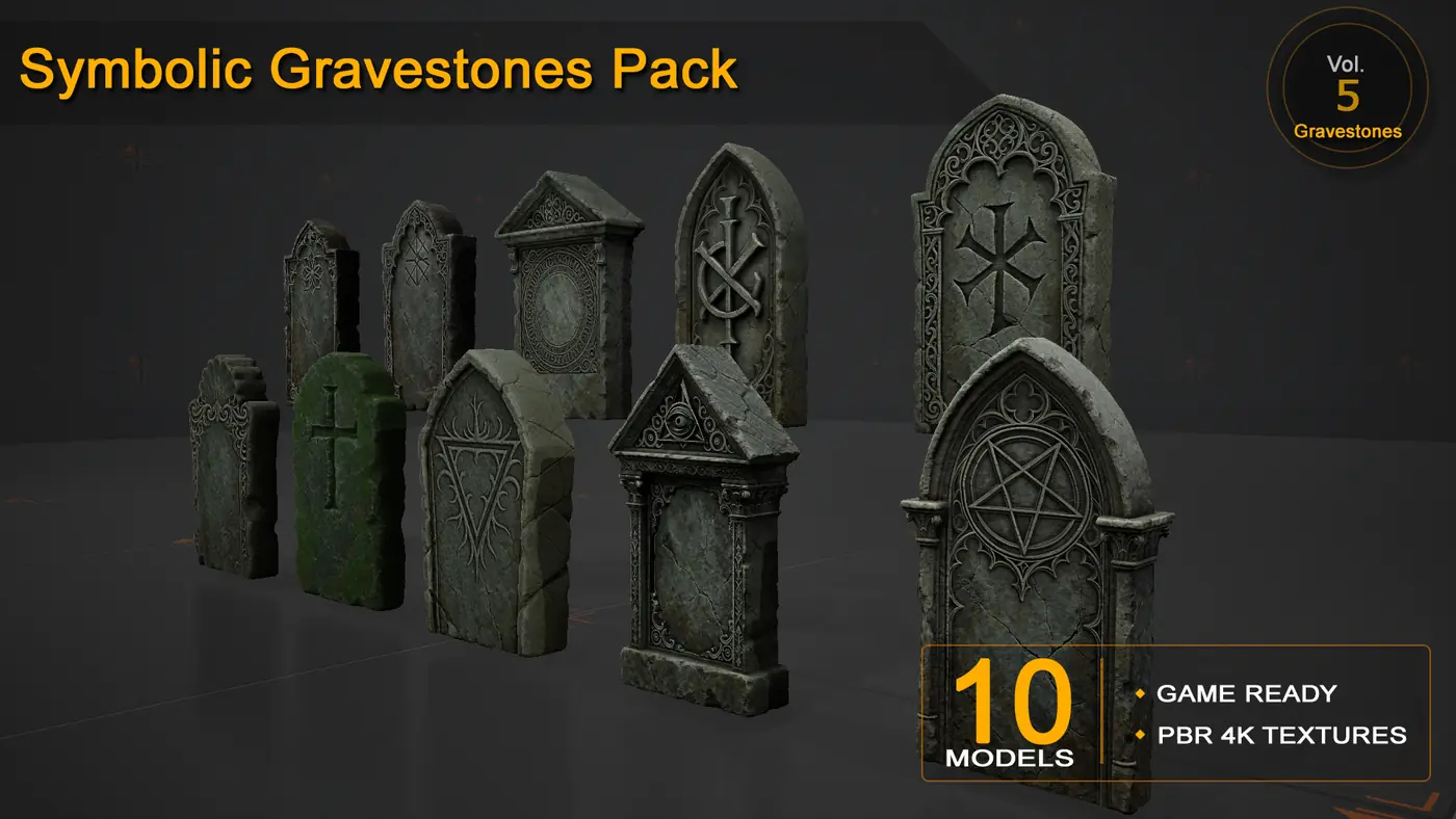 Symbolic Gravestones Pack — 10 Game-Ready Heraldic Gravestones Models